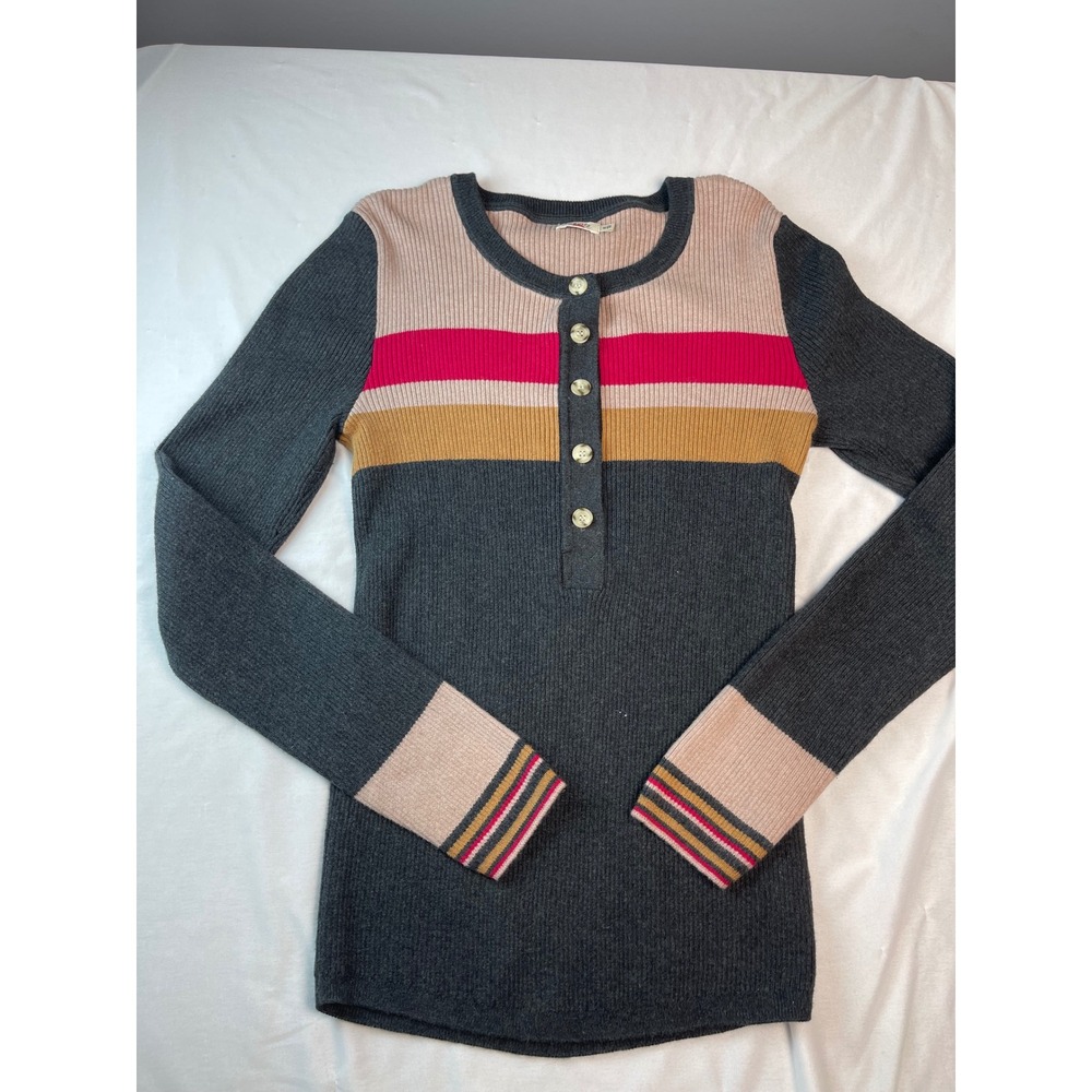 Faherty Organic Cotton Cashmere Ribbed Henley Striped Top Grey Pink Tan Medium